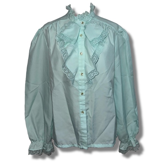 Vintage Tops - Vintage Mint Ruffled Lace Trim Top